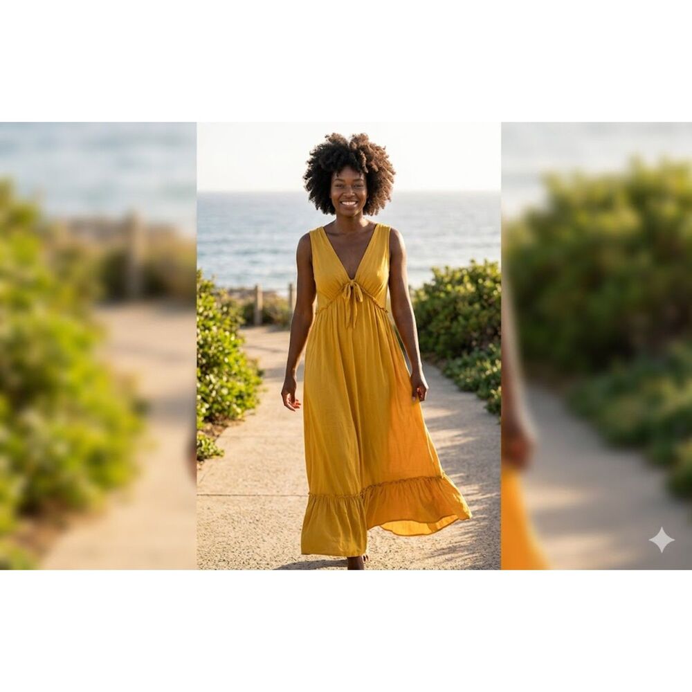 21 Saints Mustard Yellow V-Neck Midi Dress Ruffle Hem Empire Waist Small